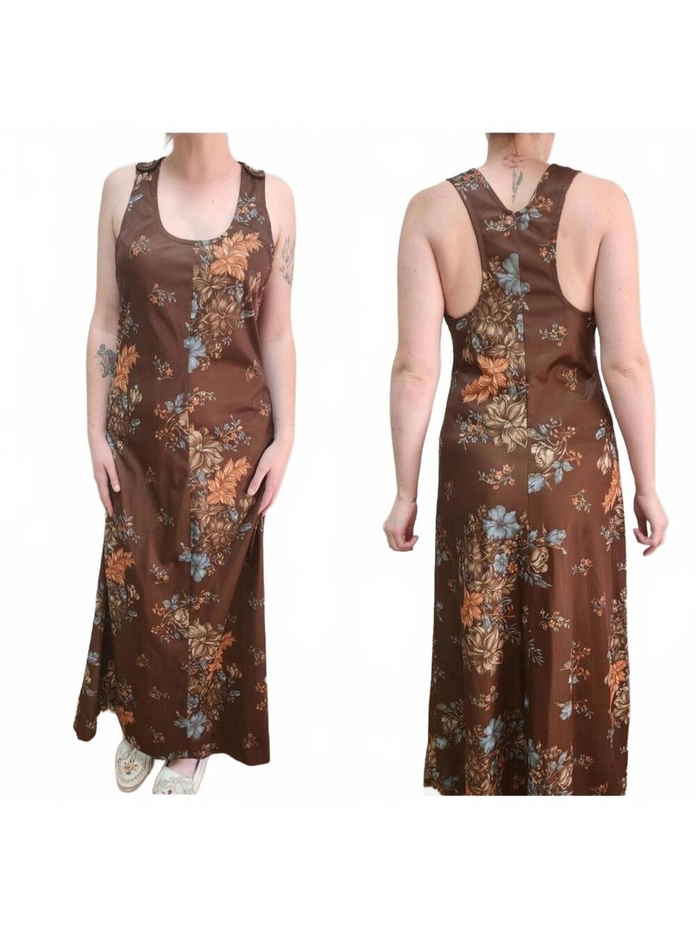1970s Handmade Brown Floral Racerback Boho Prairie Maxi Dress